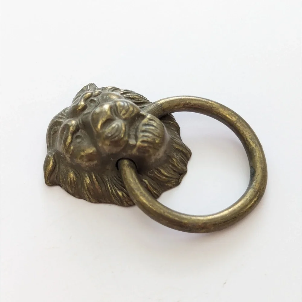 Vintage Antiqued Brass Lion Head Drop Ring Drawer Pull Furniture Handle 2.5